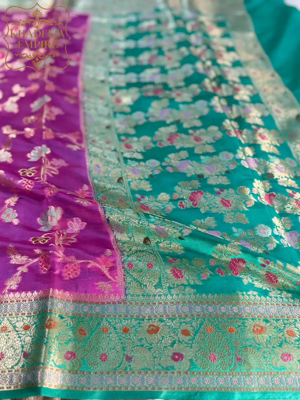 Heritage Teal & Royal Purple Pure Dupion Silk Banarasi Saree with Rich Floral Zari Border, view 3