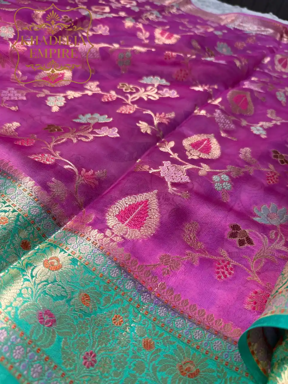 Heritage Teal & Royal Purple Pure Dupion Silk Banarasi Saree with Rich Floral Zari Border, view 4