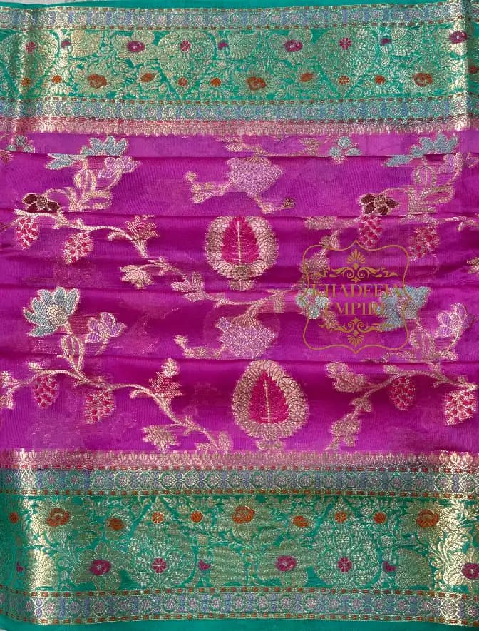 Heritage Teal & Royal Purple Pure Dupion Silk Banarasi Saree with Rich Floral Zari Border, view 5