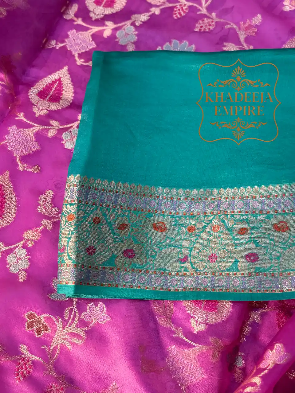 Heritage Teal & Royal Purple Pure Dupion Silk Banarasi Saree with Rich Floral Zari Border, view 6