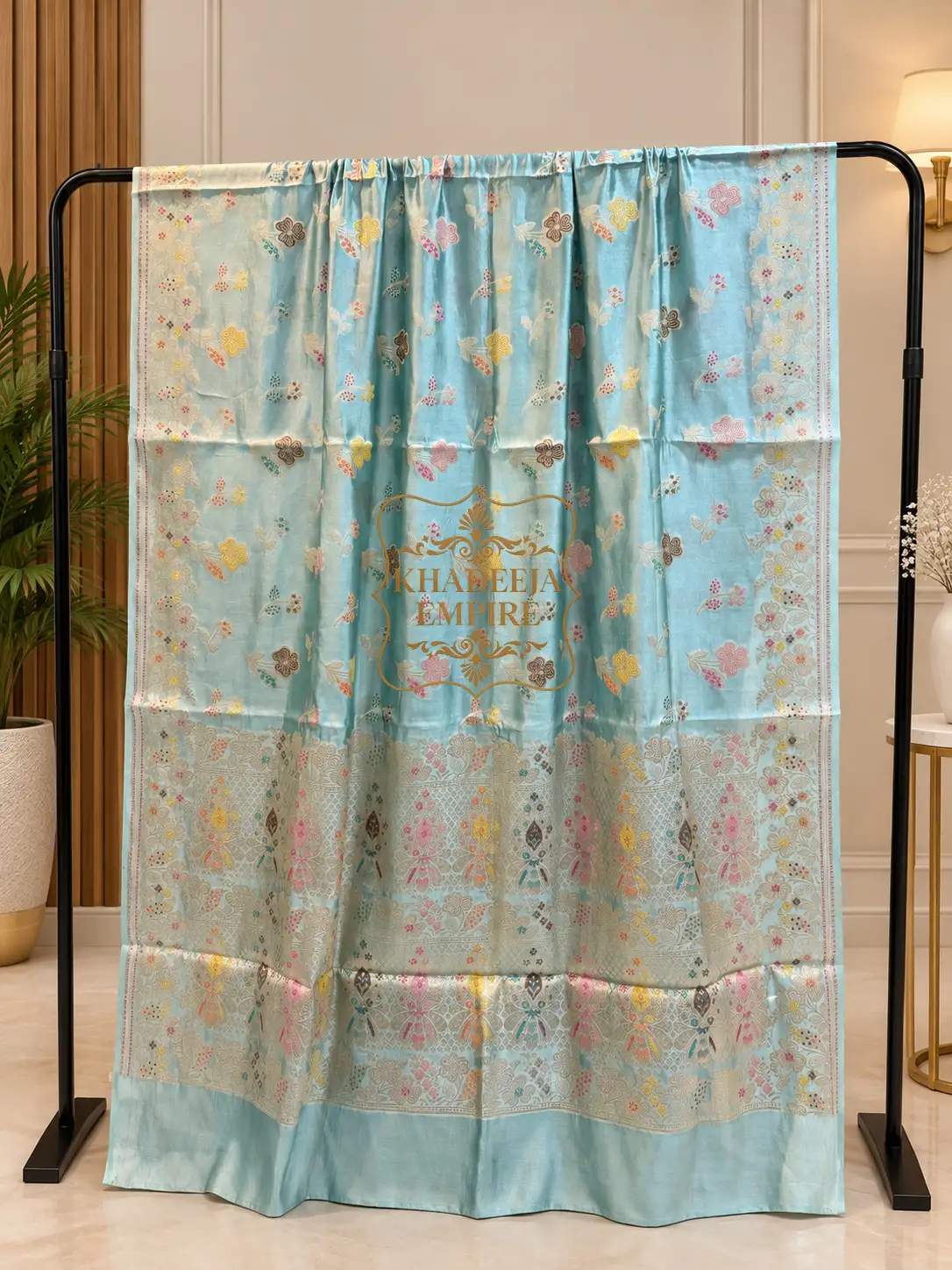 Elegant Ice Blue Pure Dupion Silk Banarasi Saree with Rich Floral Zari Border, view 1
