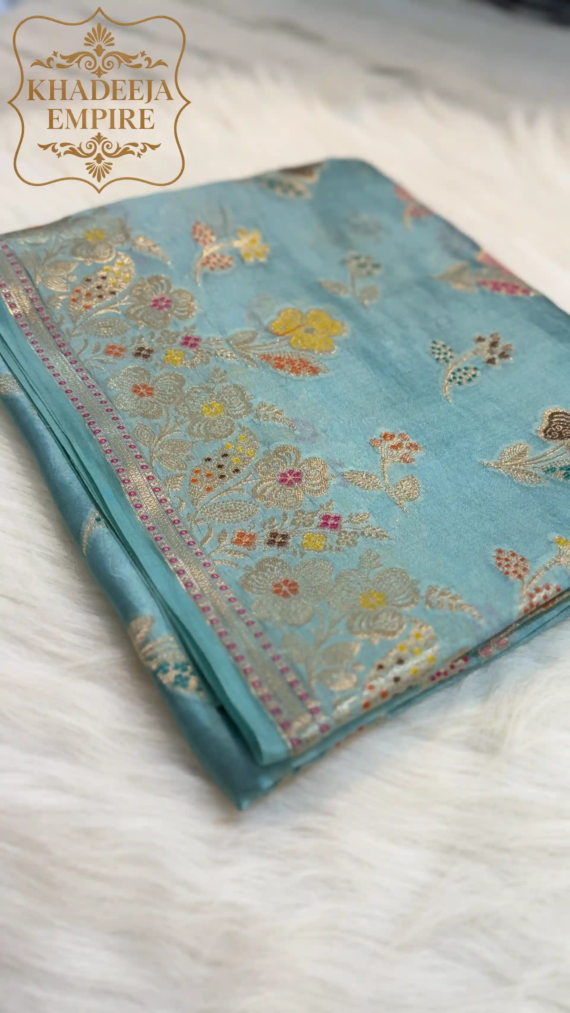 Elegant Ice Blue Pure Dupion Silk Banarasi Saree with Rich Floral Zari Border, view 2
