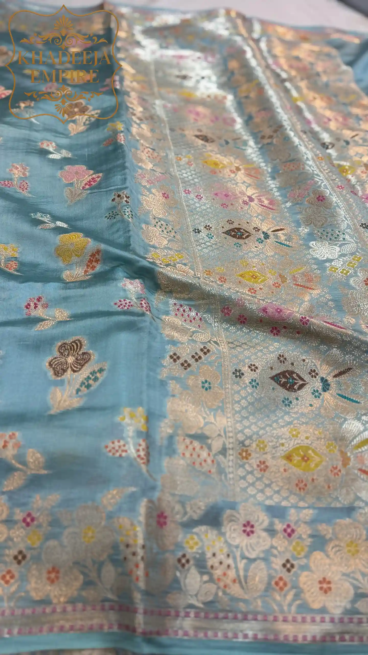 Elegant Ice Blue Pure Dupion Silk Banarasi Saree with Rich Floral Zari Border, view 3