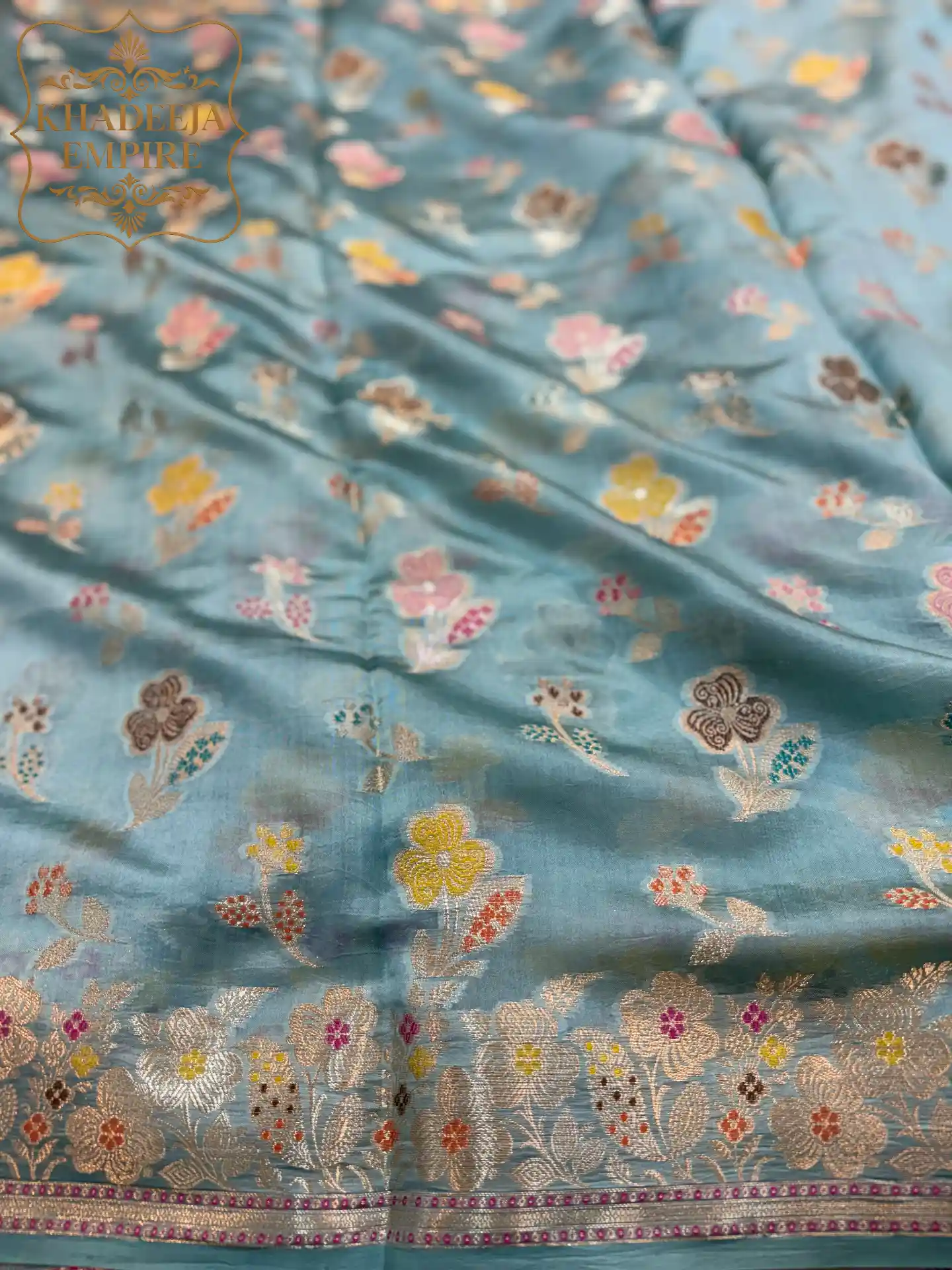 Elegant Ice Blue Pure Dupion Silk Banarasi Saree with Rich Floral Zari Border, view 4