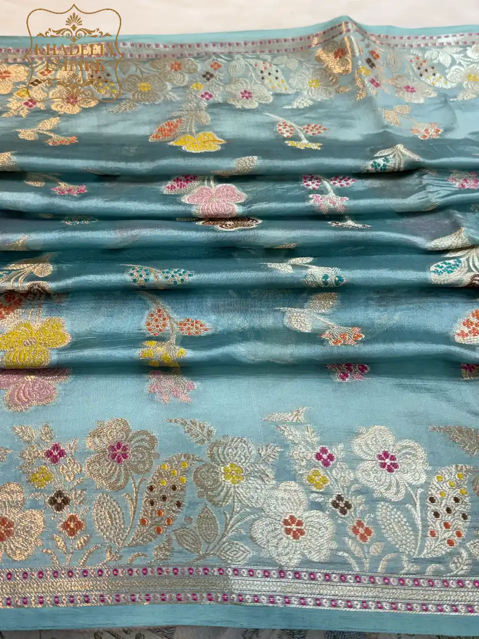 Elegant Ice Blue Pure Dupion Silk Banarasi Saree with Rich Floral Zari Border, view 5