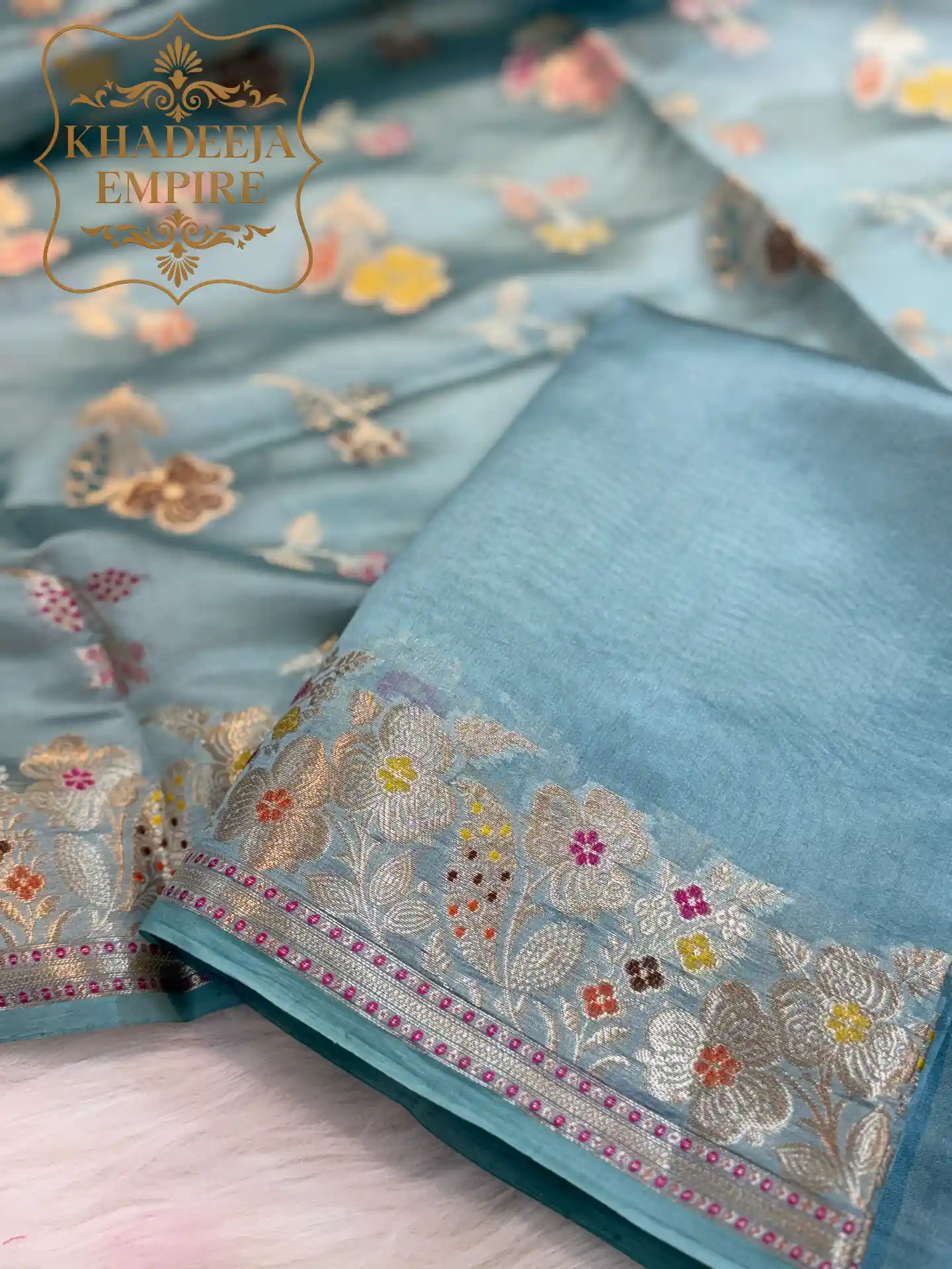 Elegant Ice Blue Pure Dupion Silk Banarasi Saree with Rich Floral Zari Border, view 6