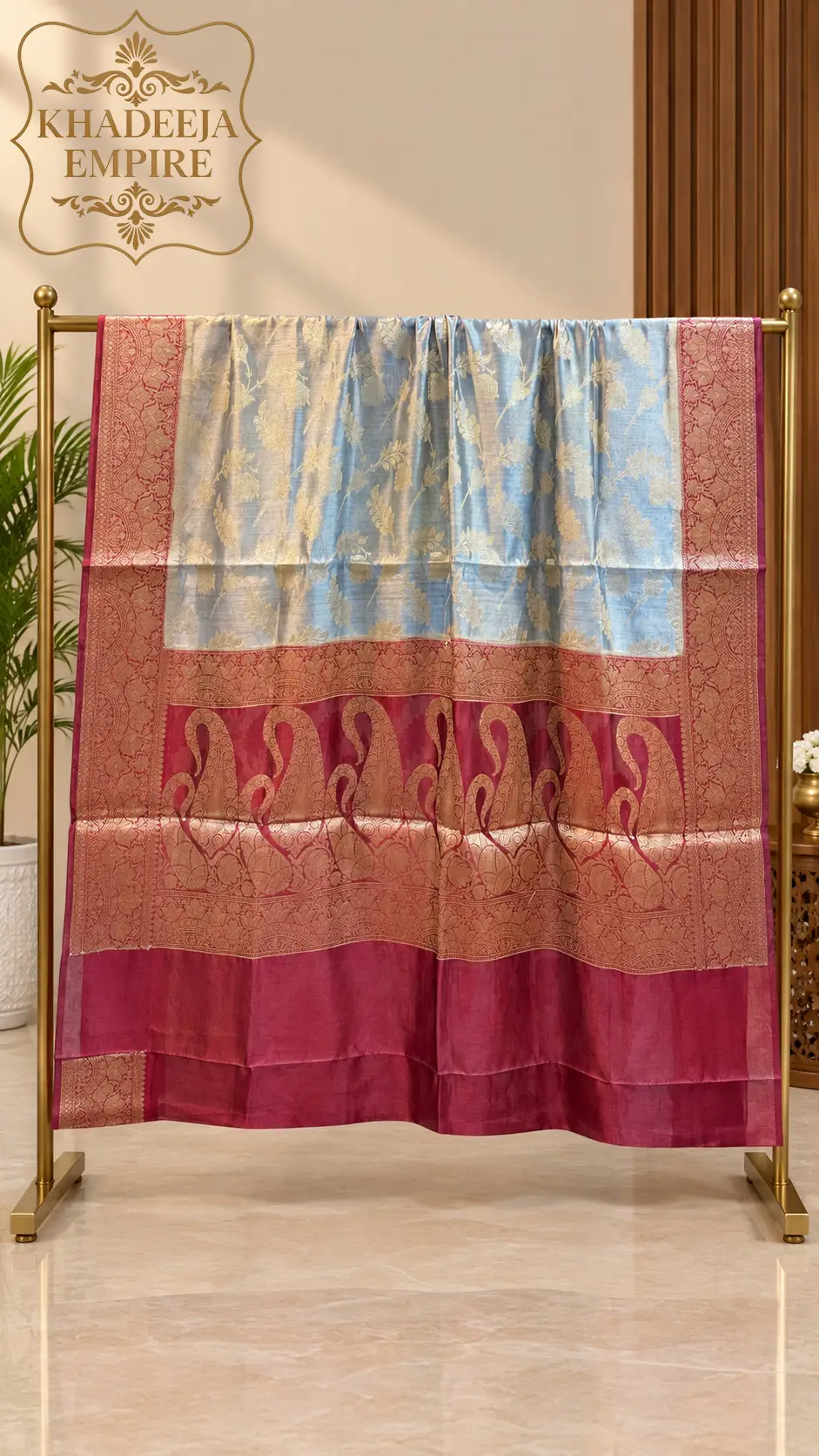 Royal Grey & Wine Pure Dupion Silk Banarasi Saree with Regal Paisley Zari Border, view 1