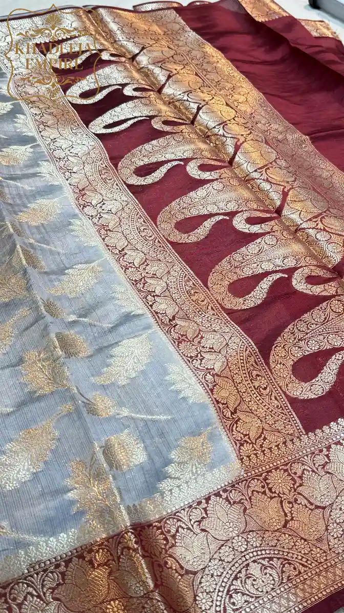 Royal Grey & Wine Pure Dupion Silk Banarasi Saree with Regal Paisley Zari Border, view 2