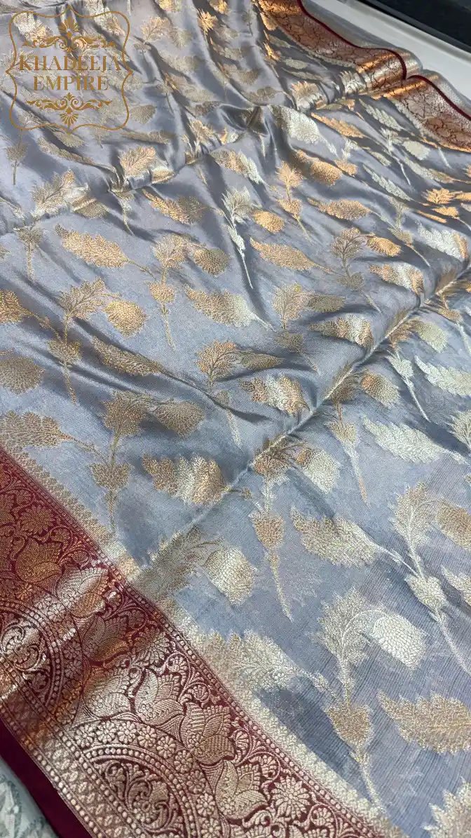 Royal Grey & Wine Pure Dupion Silk Banarasi Saree with Regal Paisley Zari Border, view 3