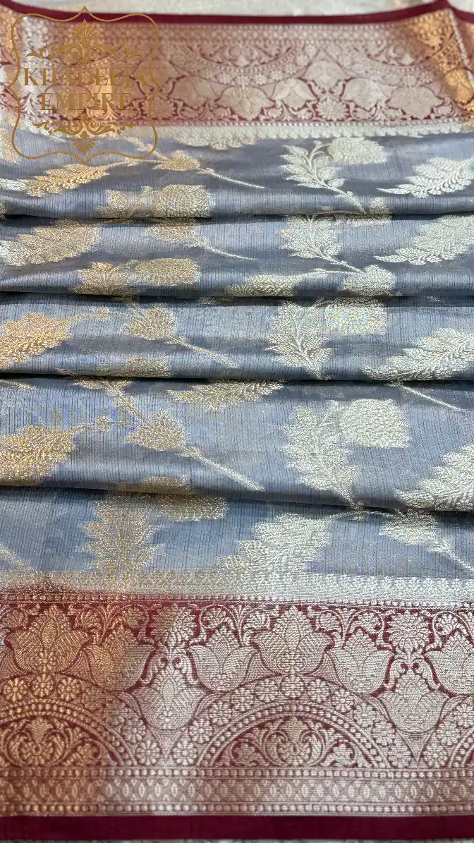 Royal Grey & Wine Pure Dupion Silk Banarasi Saree with Regal Paisley Zari Border, view 4