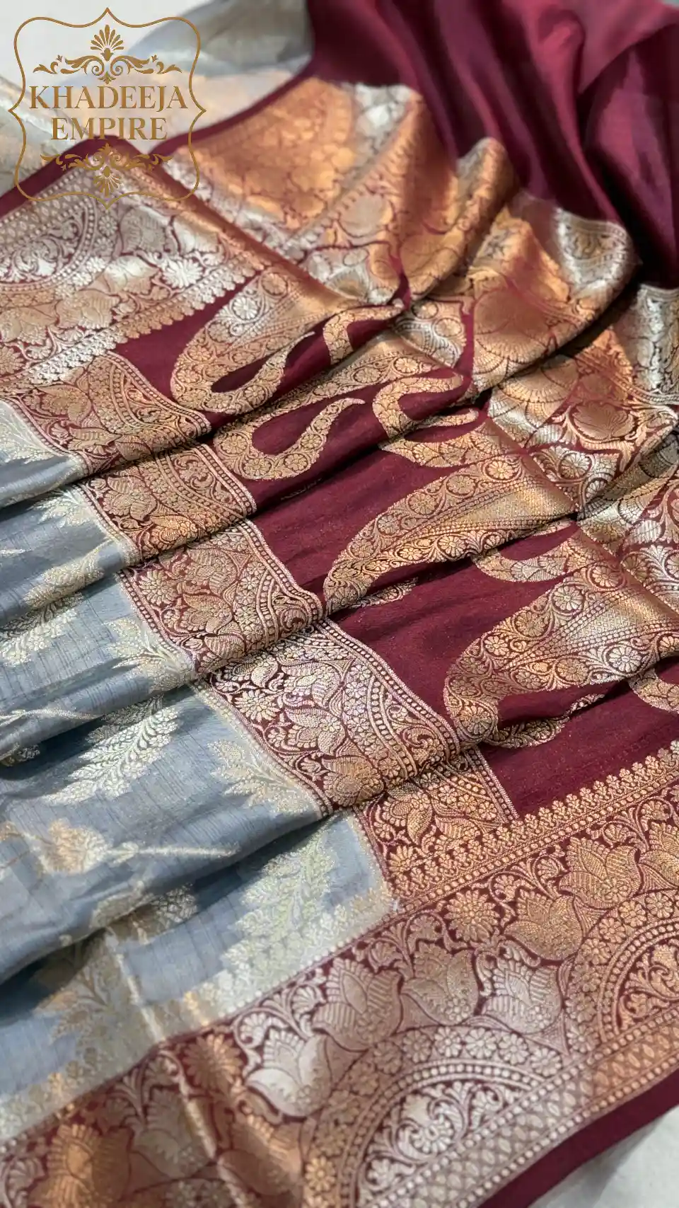 Royal Grey & Wine Pure Dupion Silk Banarasi Saree with Regal Paisley Zari Border, view 5