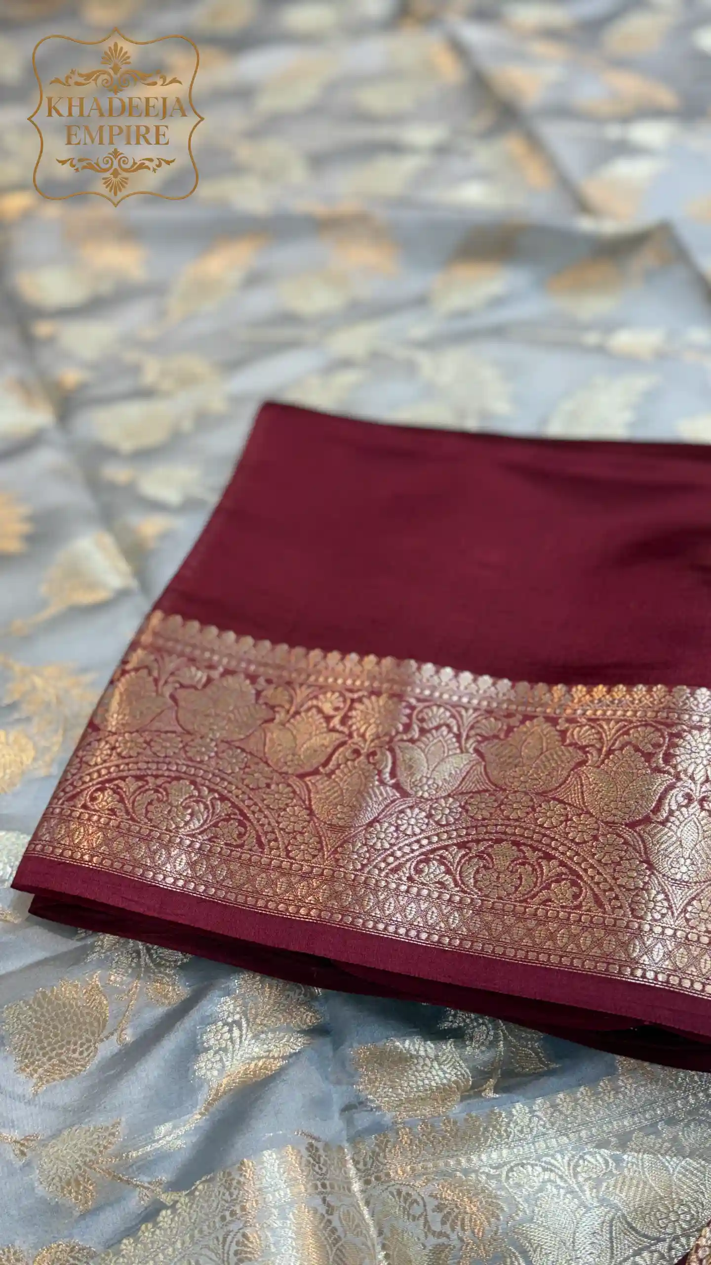Royal Grey & Wine Pure Dupion Silk Banarasi Saree with Regal Paisley Zari Border, view 6