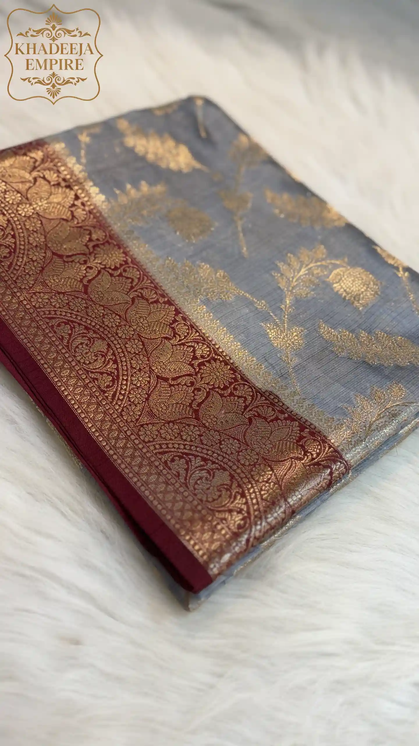 Royal Grey & Wine Pure Dupion Silk Banarasi Saree with Regal Paisley Zari Border, view 7
