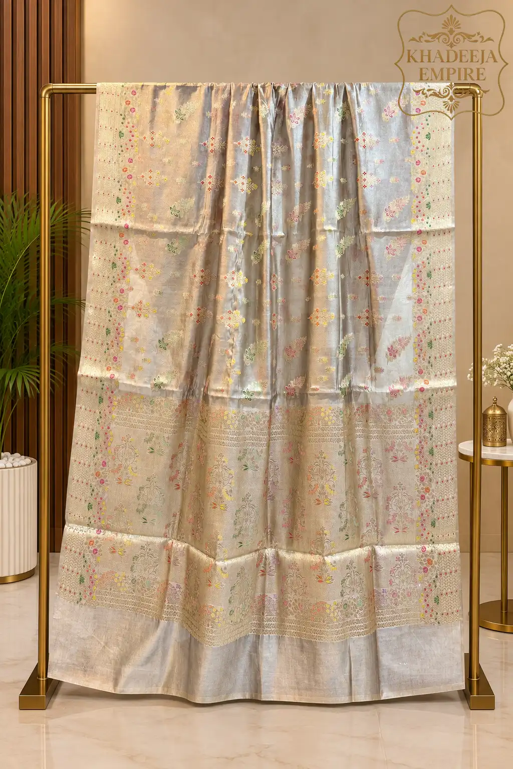 Elegant Pearl Grey Pure Dupion Silk Banarasi Saree with Multicolor Floral Zari Weave, view 1