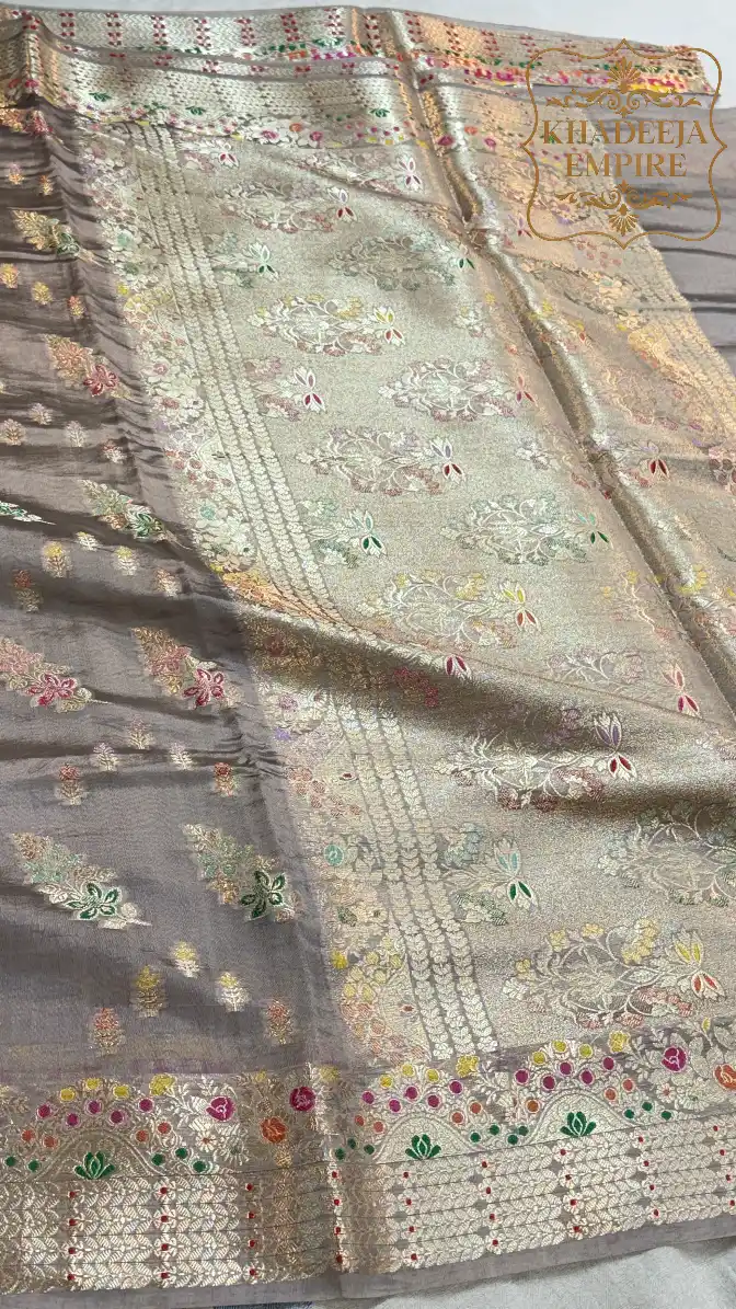 Elegant Pearl Grey Pure Dupion Silk Banarasi Saree with Multicolor Floral Zari Weave, view 3