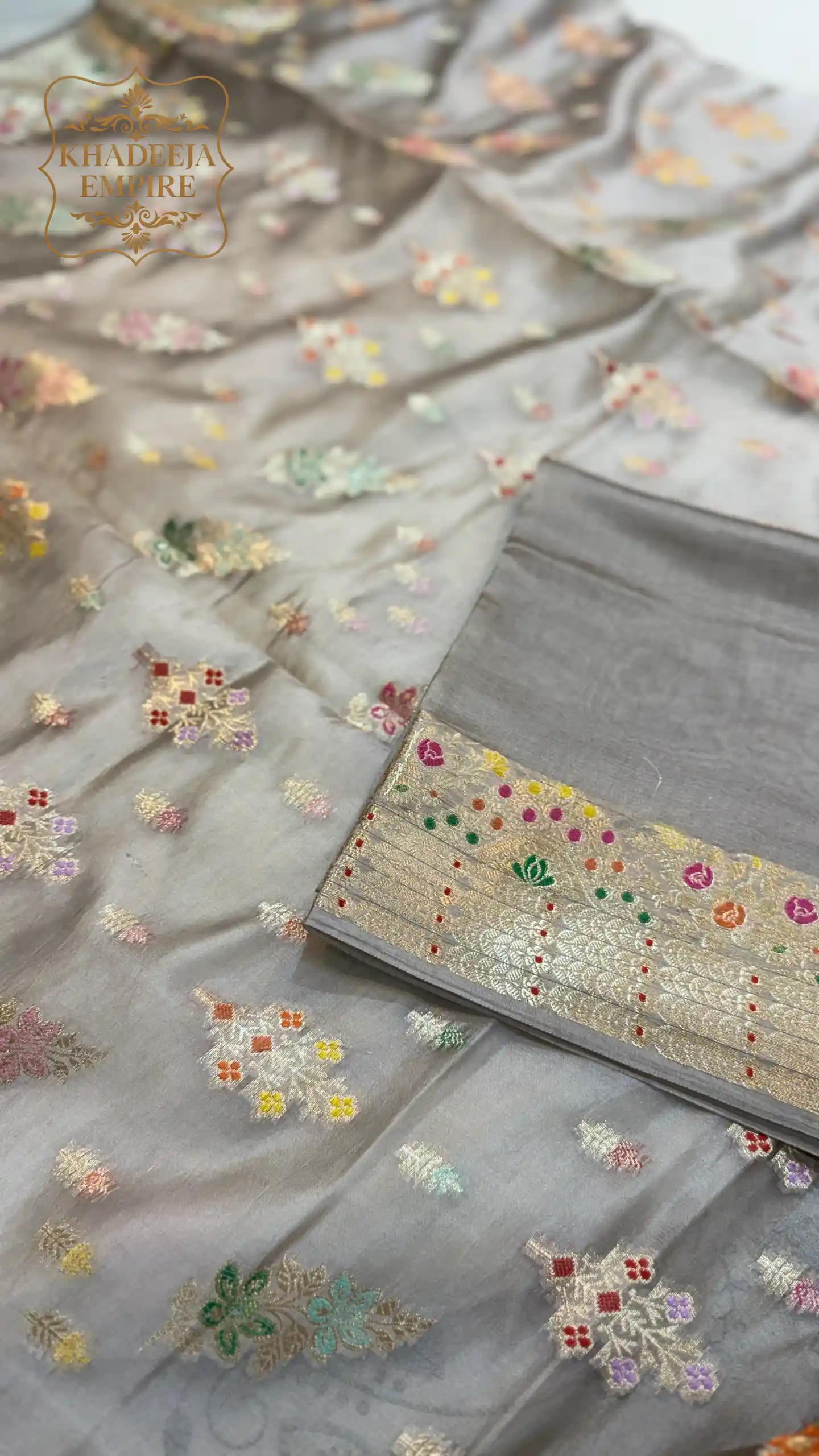 Elegant Pearl Grey Pure Dupion Silk Banarasi Saree with Multicolor Floral Zari Weave, view 6