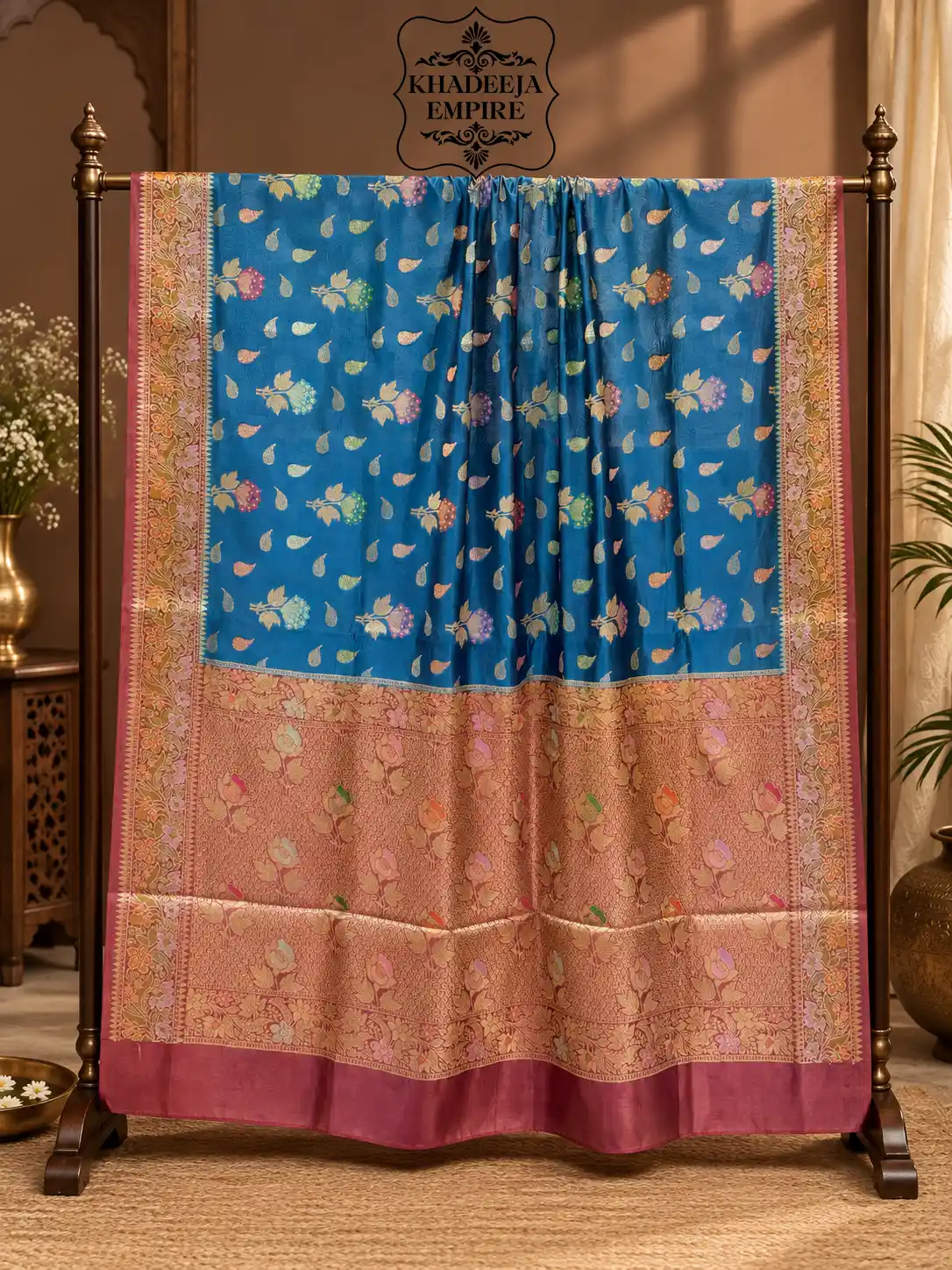 Royal Midnight Blue & Rose Gold Pure Dupion Silk Banarasi Saree with Floral Zari Weave, view 1