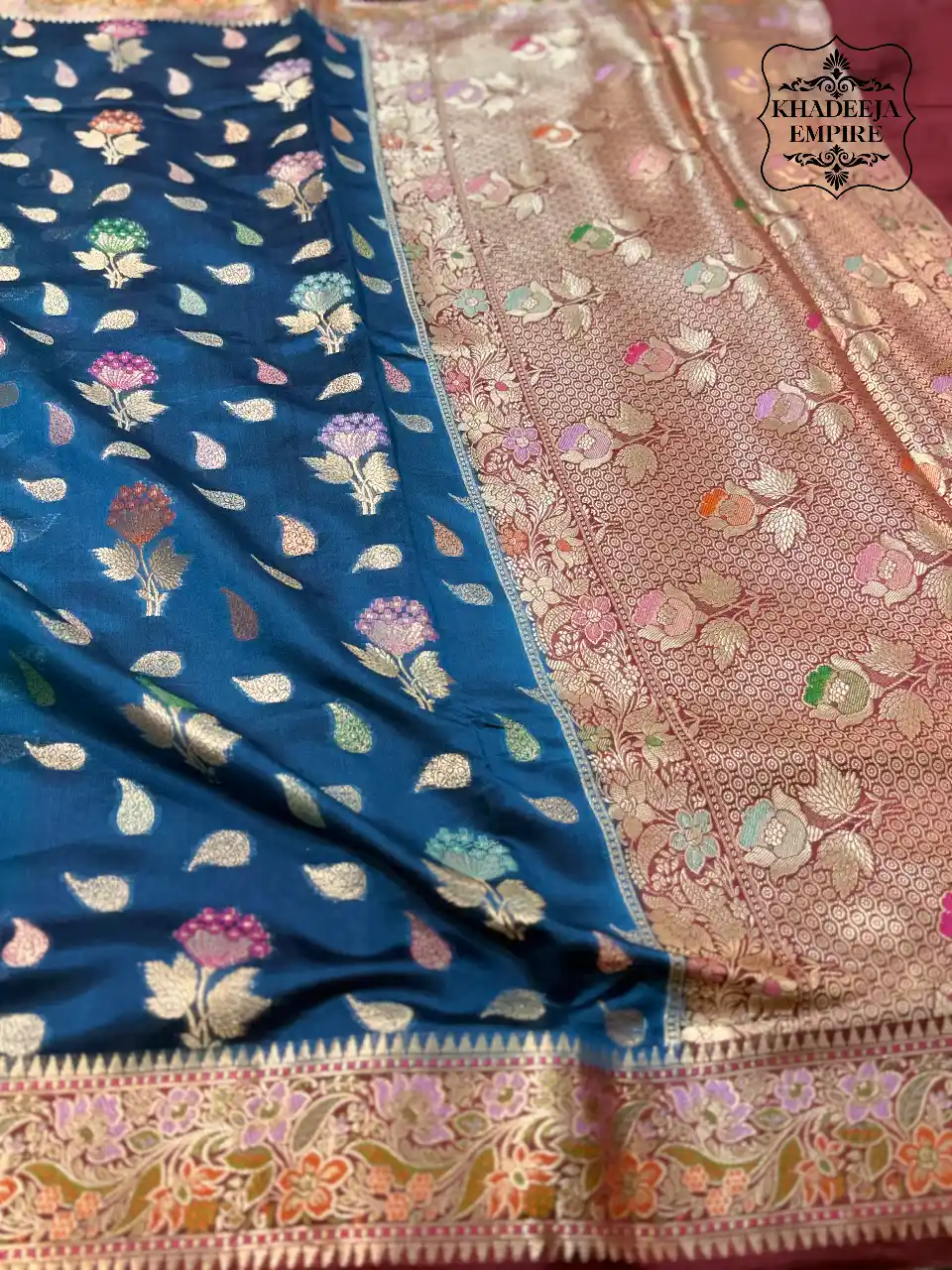 Royal Midnight Blue & Rose Gold Pure Dupion Silk Banarasi Saree with Floral Zari Weave, view 2