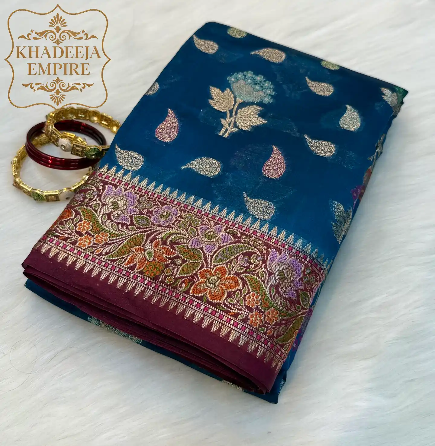 Royal Midnight Blue & Rose Gold Pure Dupion Silk Banarasi Saree with Floral Zari Weave, view 3