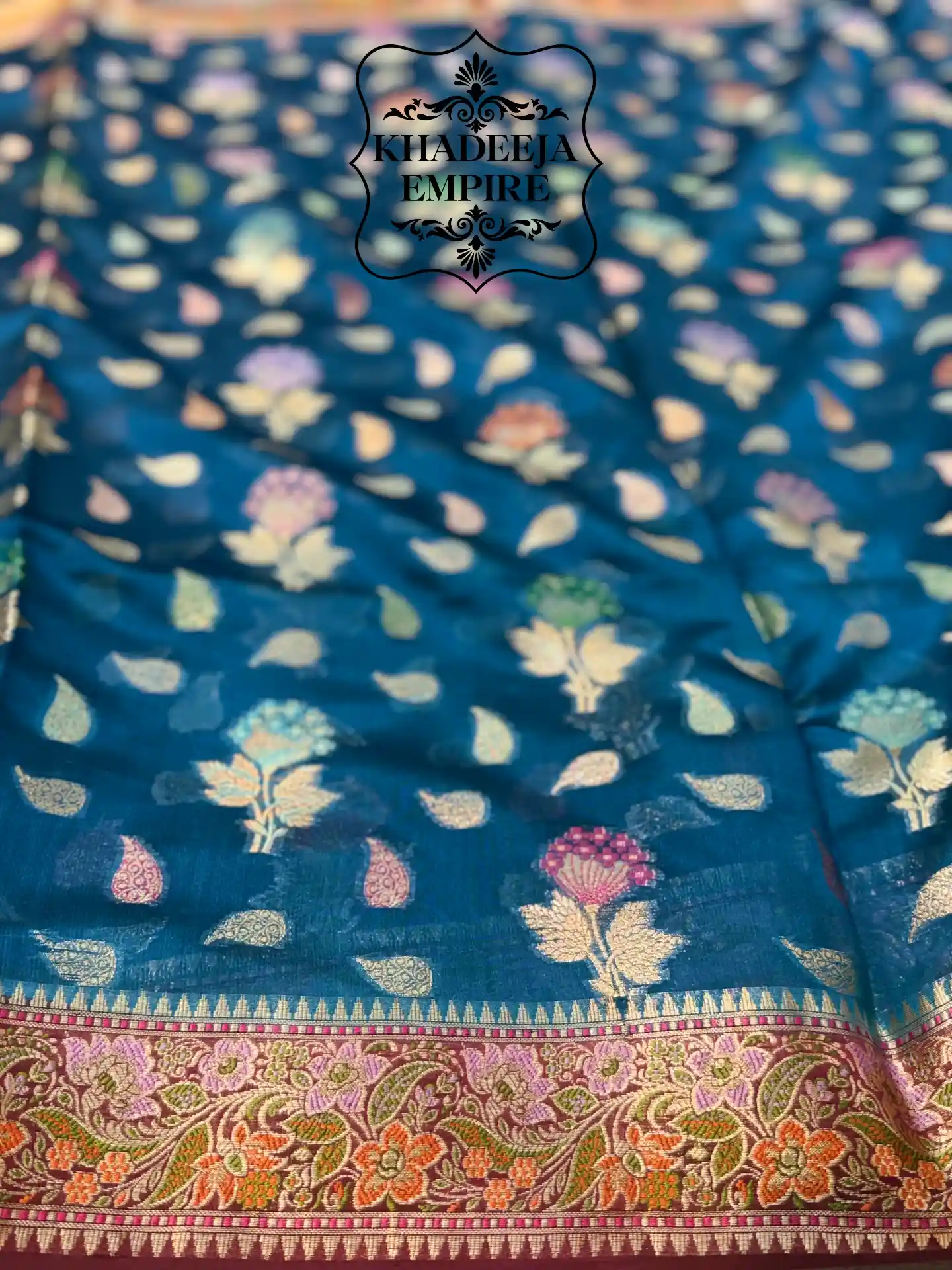 Royal Midnight Blue & Rose Gold Pure Dupion Silk Banarasi Saree with Floral Zari Weave, view 4