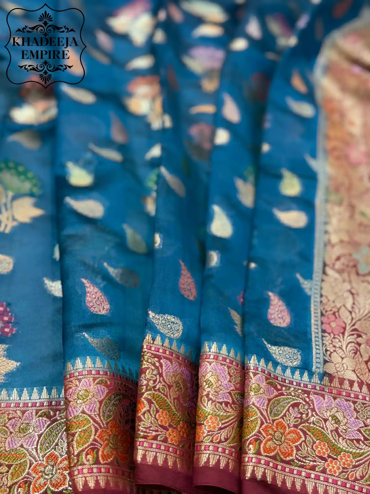 Royal Midnight Blue & Rose Gold Pure Dupion Silk Banarasi Saree with Floral Zari Weave, view 5