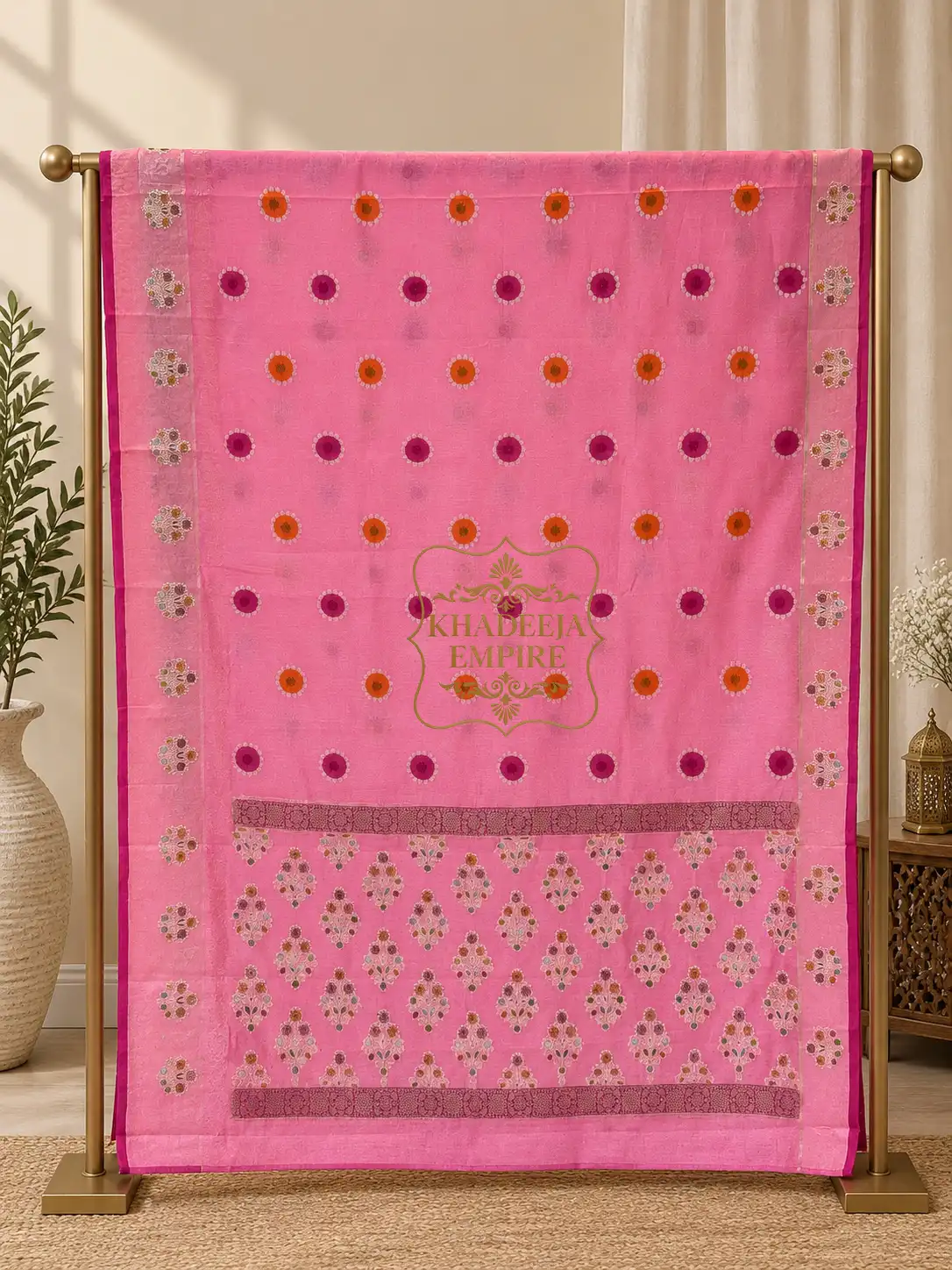 **Royal Rose Pink Pure Banarasi Rose Silk Saree with Multicolor Hand-Brush Floral Artistry & Intricate Zari Weave**, view 1
