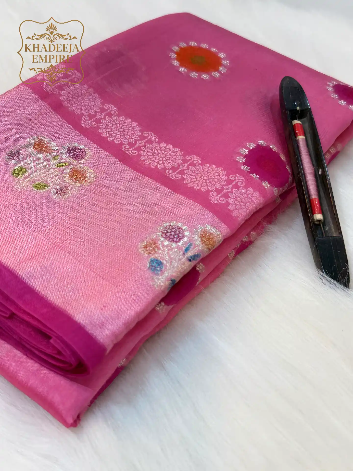 **Royal Rose Pink Pure Banarasi Rose Silk Saree with Multicolor Hand-Brush Floral Artistry & Intricate Zari Weave**, view 2