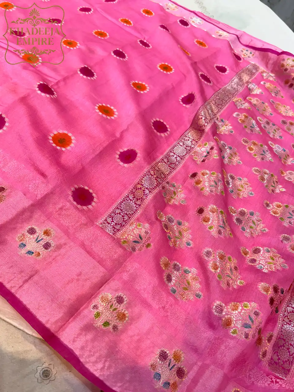 **Royal Rose Pink Pure Banarasi Rose Silk Saree with Multicolor Hand-Brush Floral Artistry & Intricate Zari Weave**, view 3