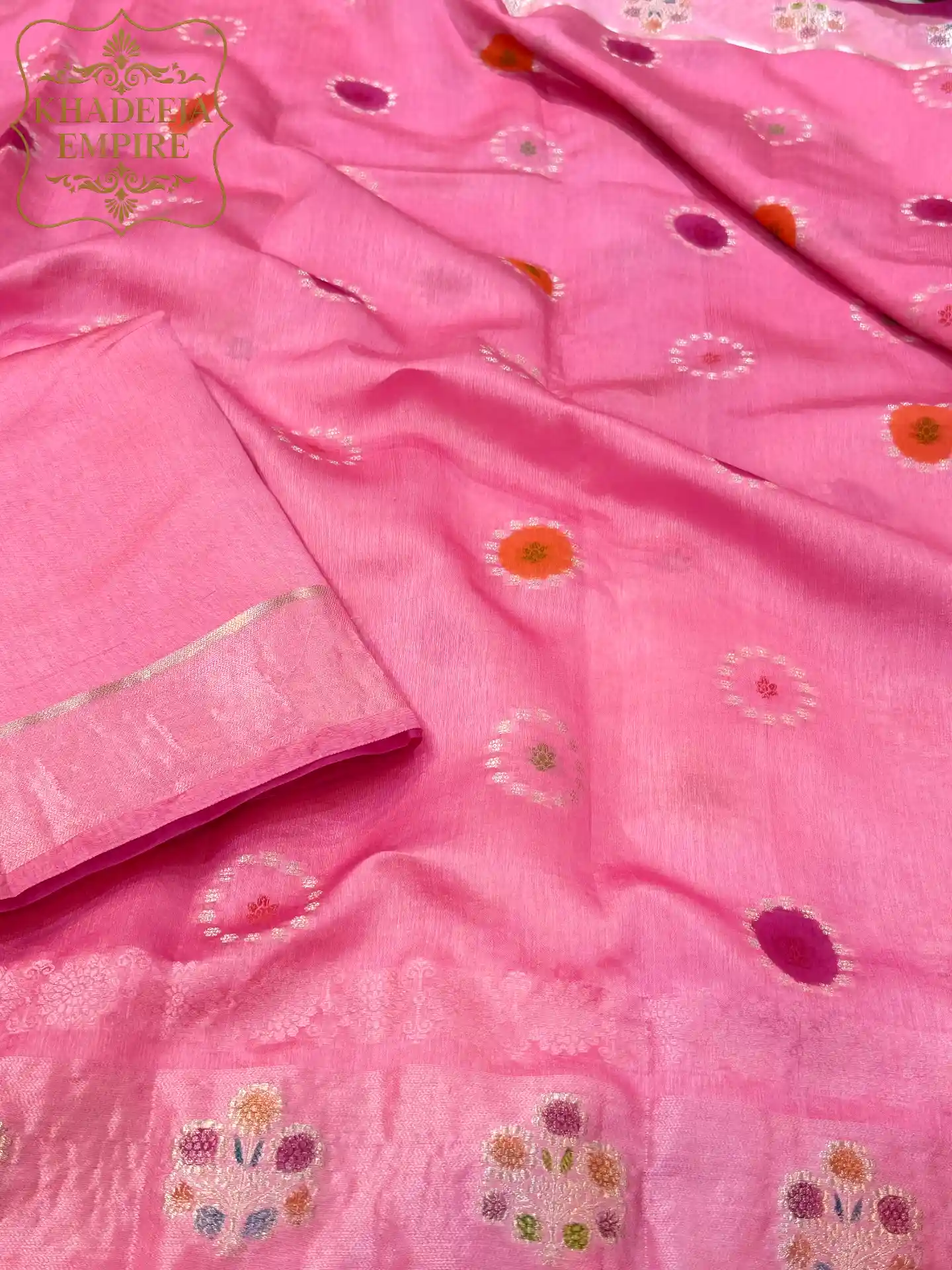 **Royal Rose Pink Pure Banarasi Rose Silk Saree with Multicolor Hand-Brush Floral Artistry & Intricate Zari Weave**, view 4