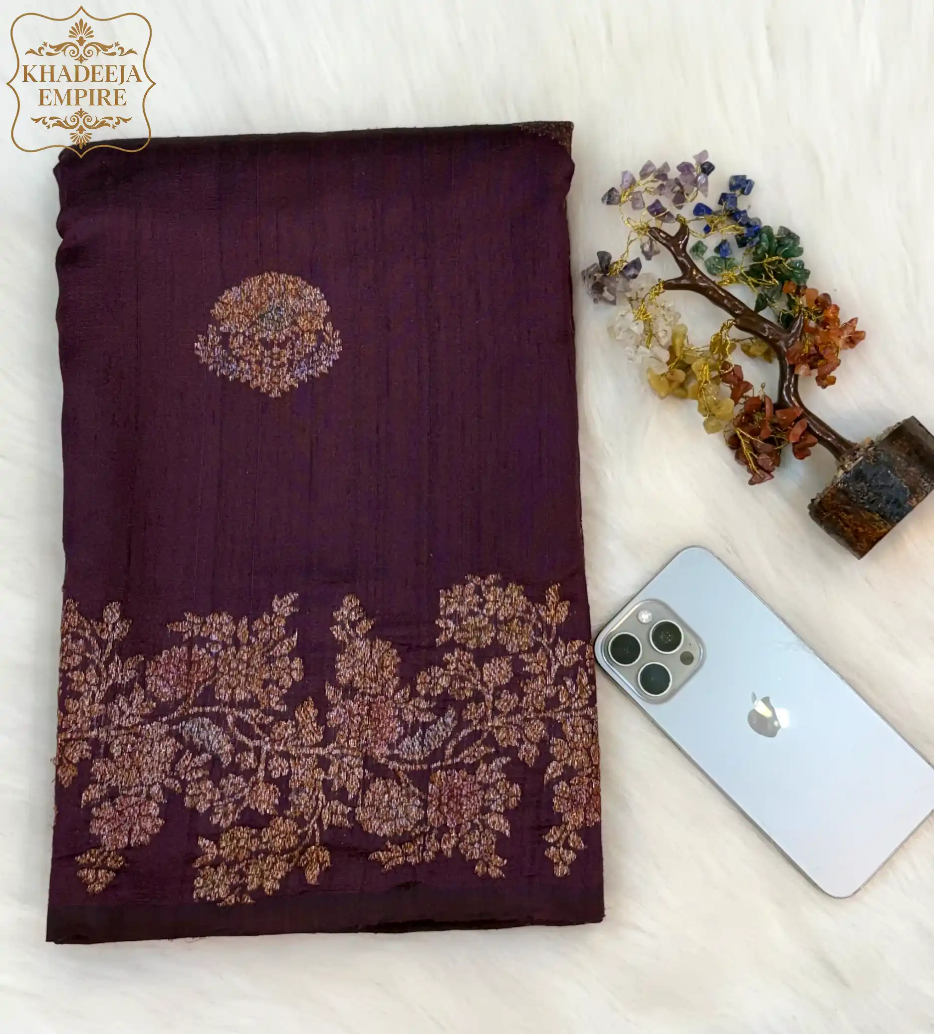Royal Wine Handloom Dupion Banarasi Saree with Antique Gold Floral Zari Border, view 1
