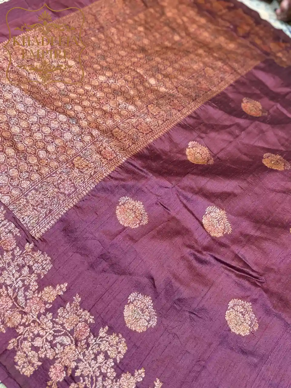 Royal Wine Handloom Dupion Banarasi Saree with Antique Gold Floral Zari Border, view 2