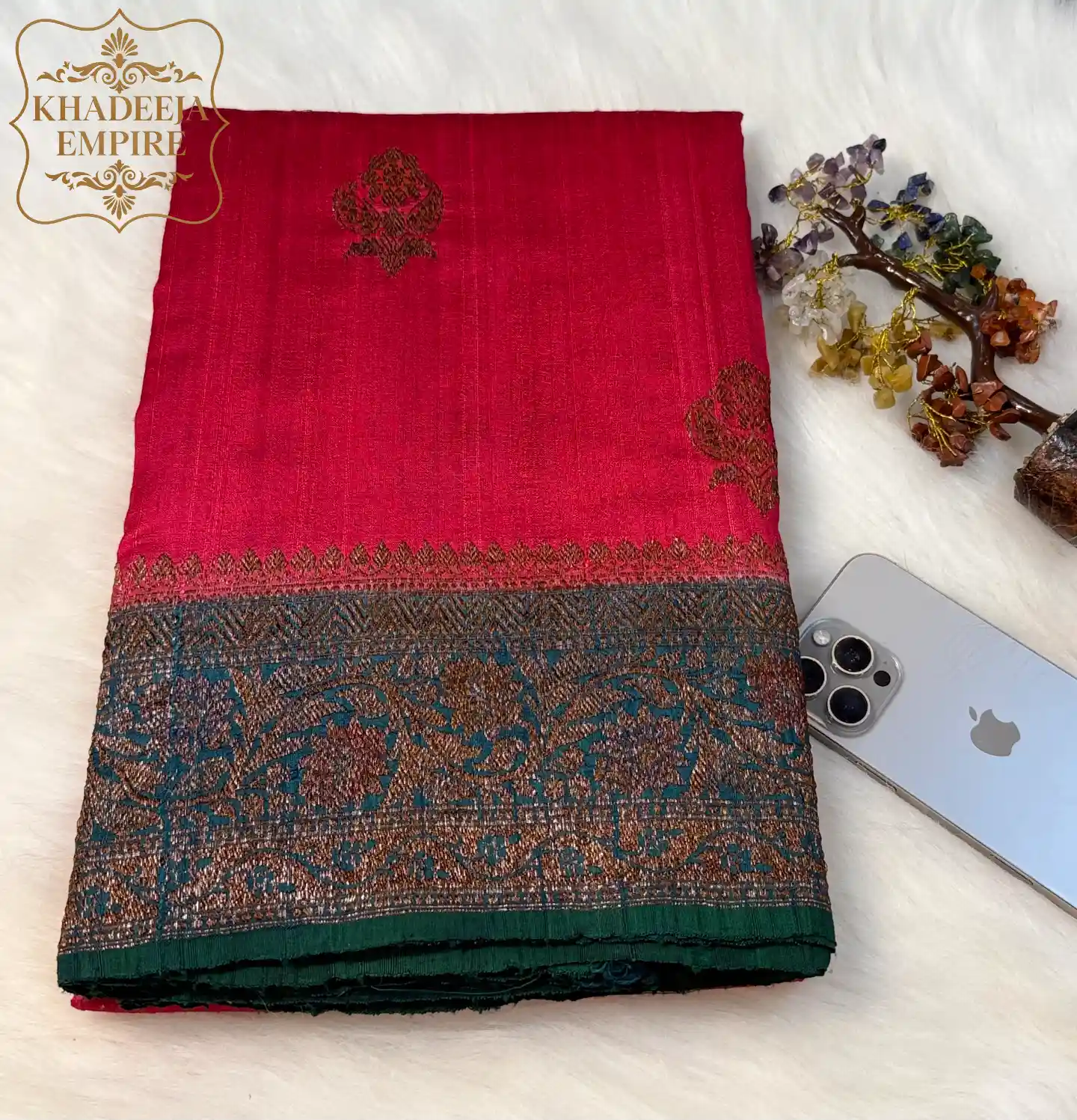 Royal Red & Green Handloom Dupion Silk Banarasi Saree with Intricate Zari Floral Weave, view 1