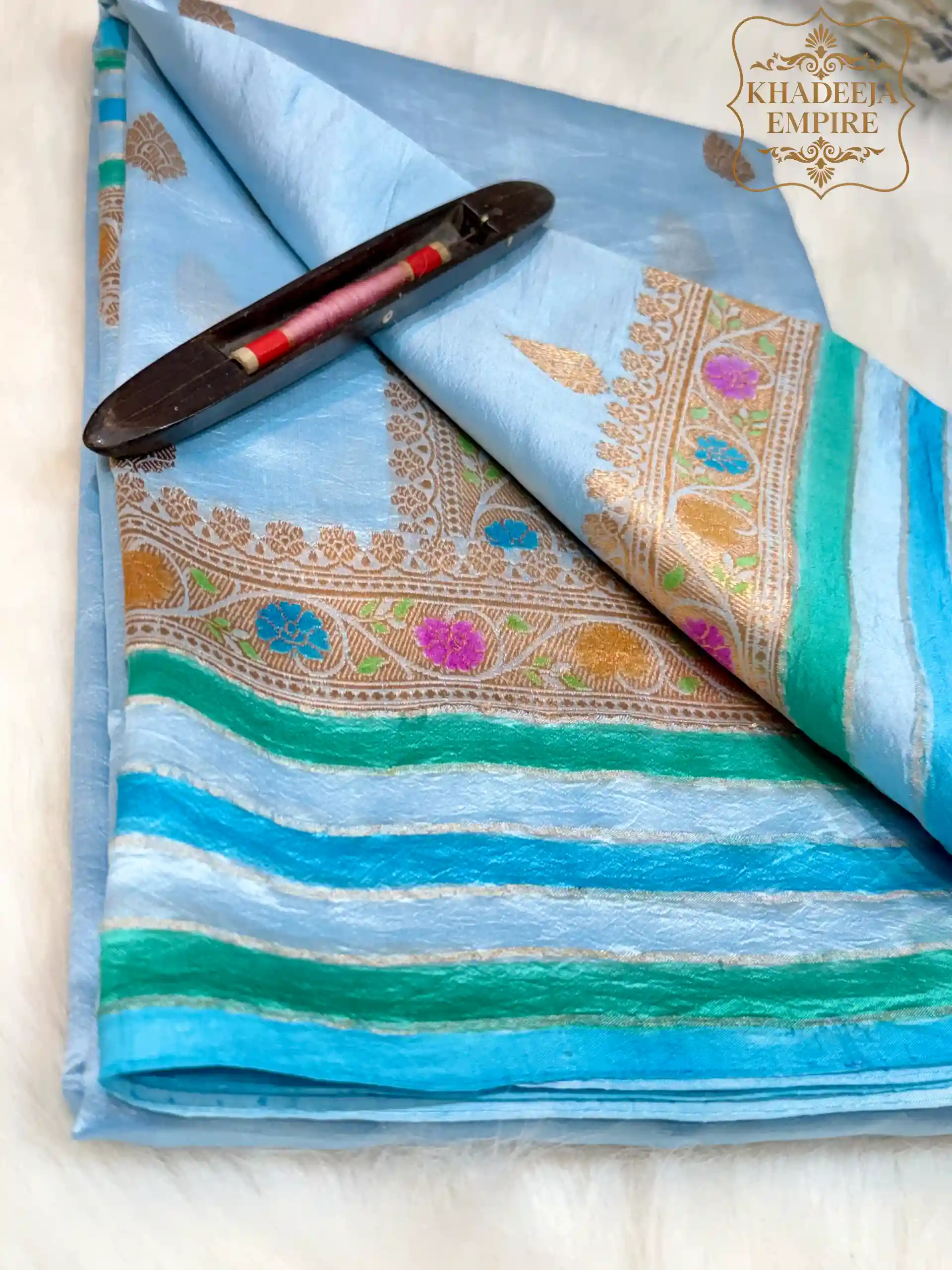 Sky Blue Handloom Mango Katan Silk Banarasi Saree with All-Over Hand Meenakari Butis, Multicolour Floral Zari Border, view 1