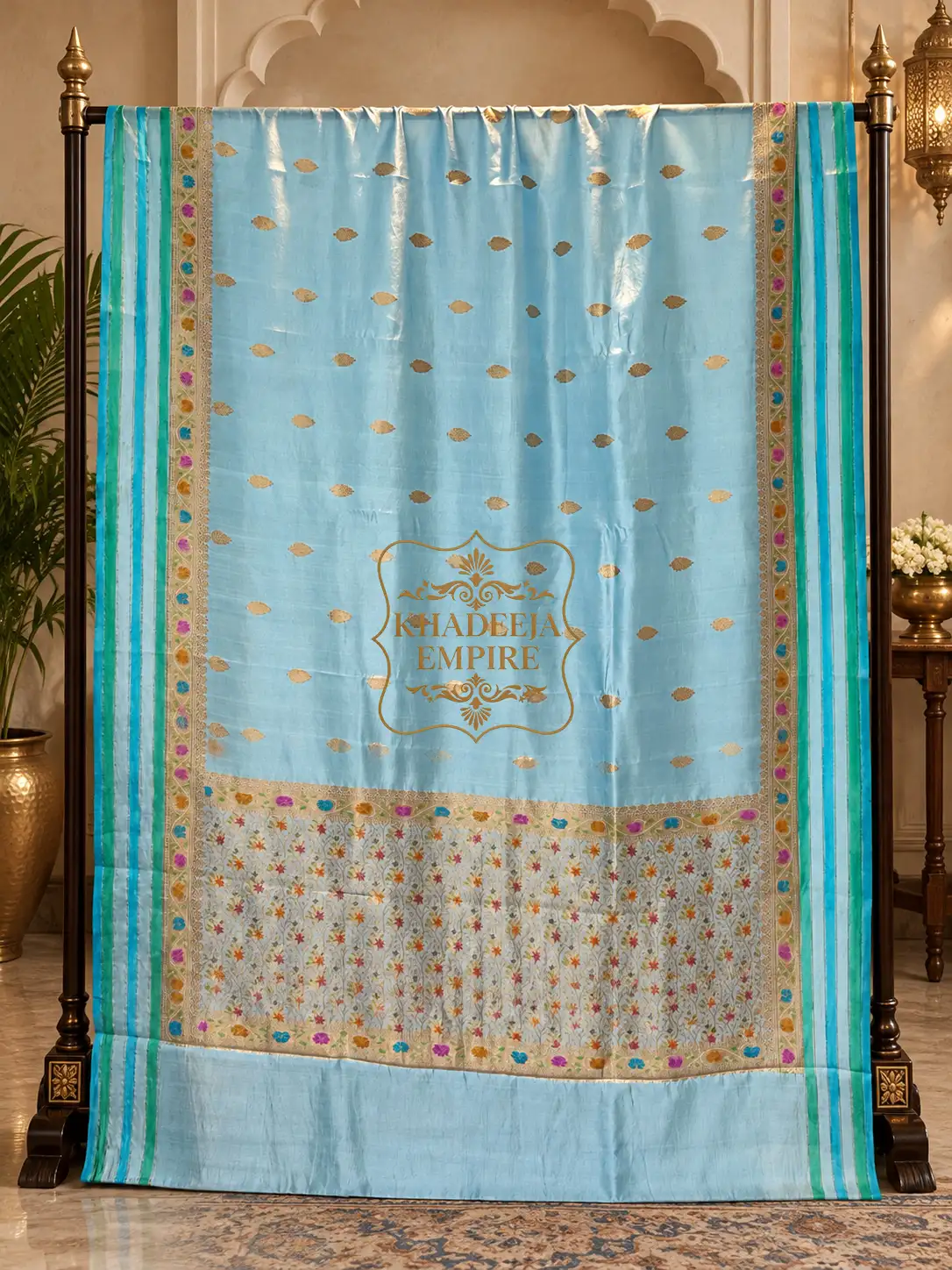 Sky Blue Handloom Mango Katan Silk Banarasi Saree with All-Over Hand Meenakari Butis, Multicolour Floral Zari Border, view 2