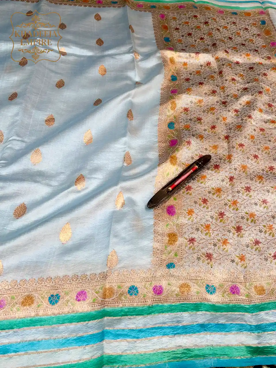 Sky Blue Handloom Mango Katan Silk Banarasi Saree with All-Over Hand Meenakari Butis, Multicolour Floral Zari Border, view 3