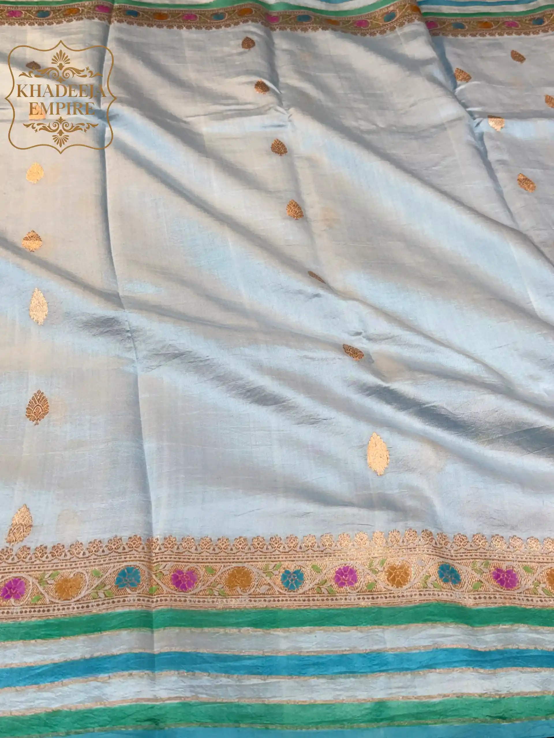 Sky Blue Handloom Mango Katan Silk Banarasi Saree with All-Over Hand Meenakari Butis, Multicolour Floral Zari Border, view 4
