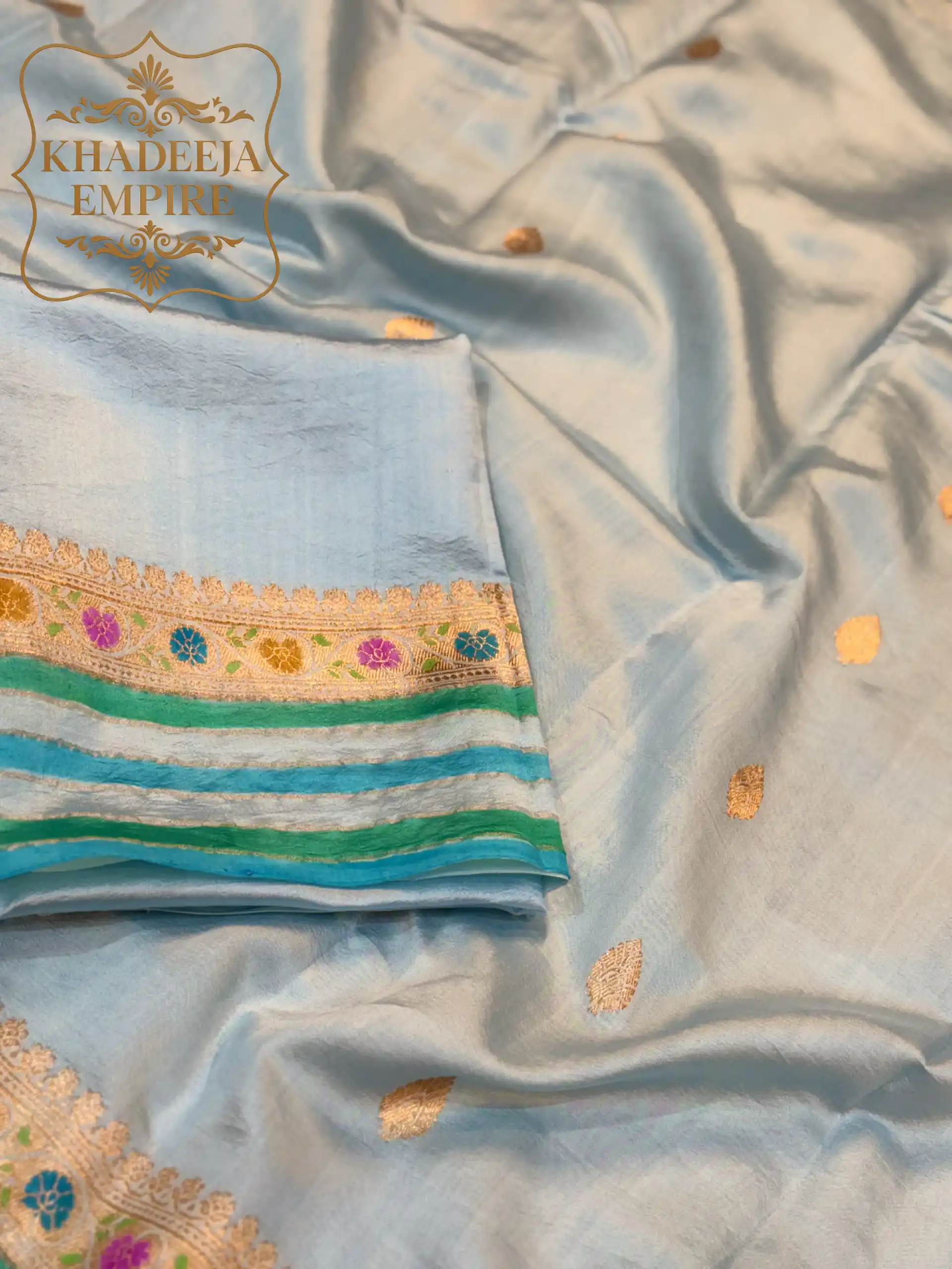 Sky Blue Handloom Mango Katan Silk Banarasi Saree with All-Over Hand Meenakari Butis, Multicolour Floral Zari Border, view 5