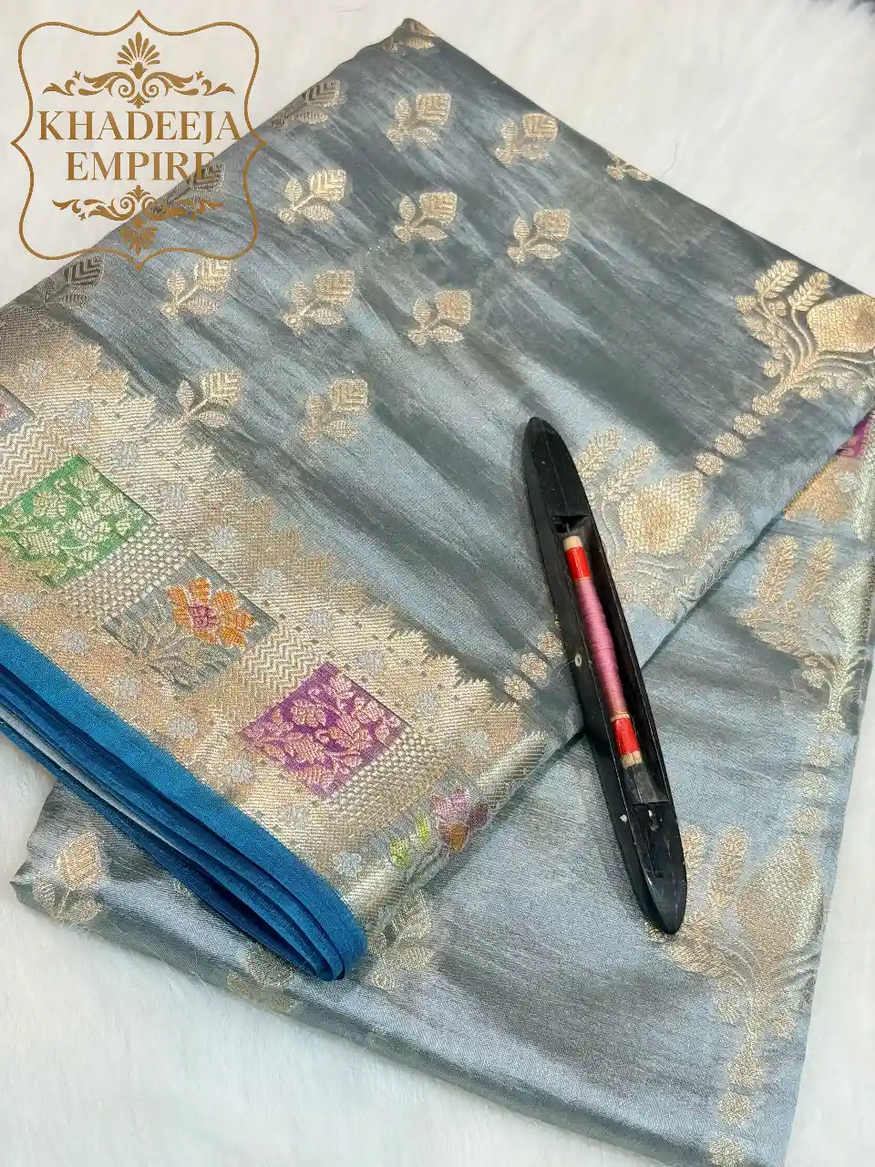 Grey Pure Mango Silk Banarasi Handloom Saree with Multicolour Floral Zari Brocade Pallu & Rich Gold Woven Border, view 1