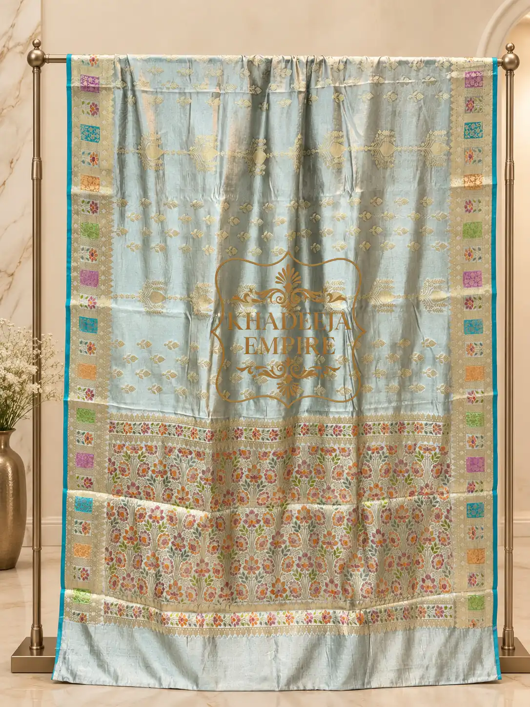 Grey Pure Mango Silk Banarasi Handloom Saree with Multicolour Floral Zari Brocade Pallu & Rich Gold Woven Border, view 2