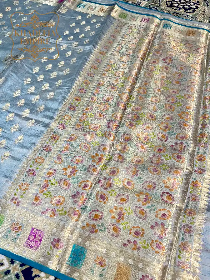 Grey Pure Mango Silk Banarasi Handloom Saree with Multicolour Floral Zari Brocade Pallu & Rich Gold Woven Border, view 3