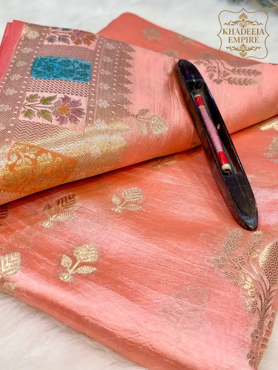 Elegant Peach Pink Pure Mango Silk Banarasi Handloom Saree, view 1