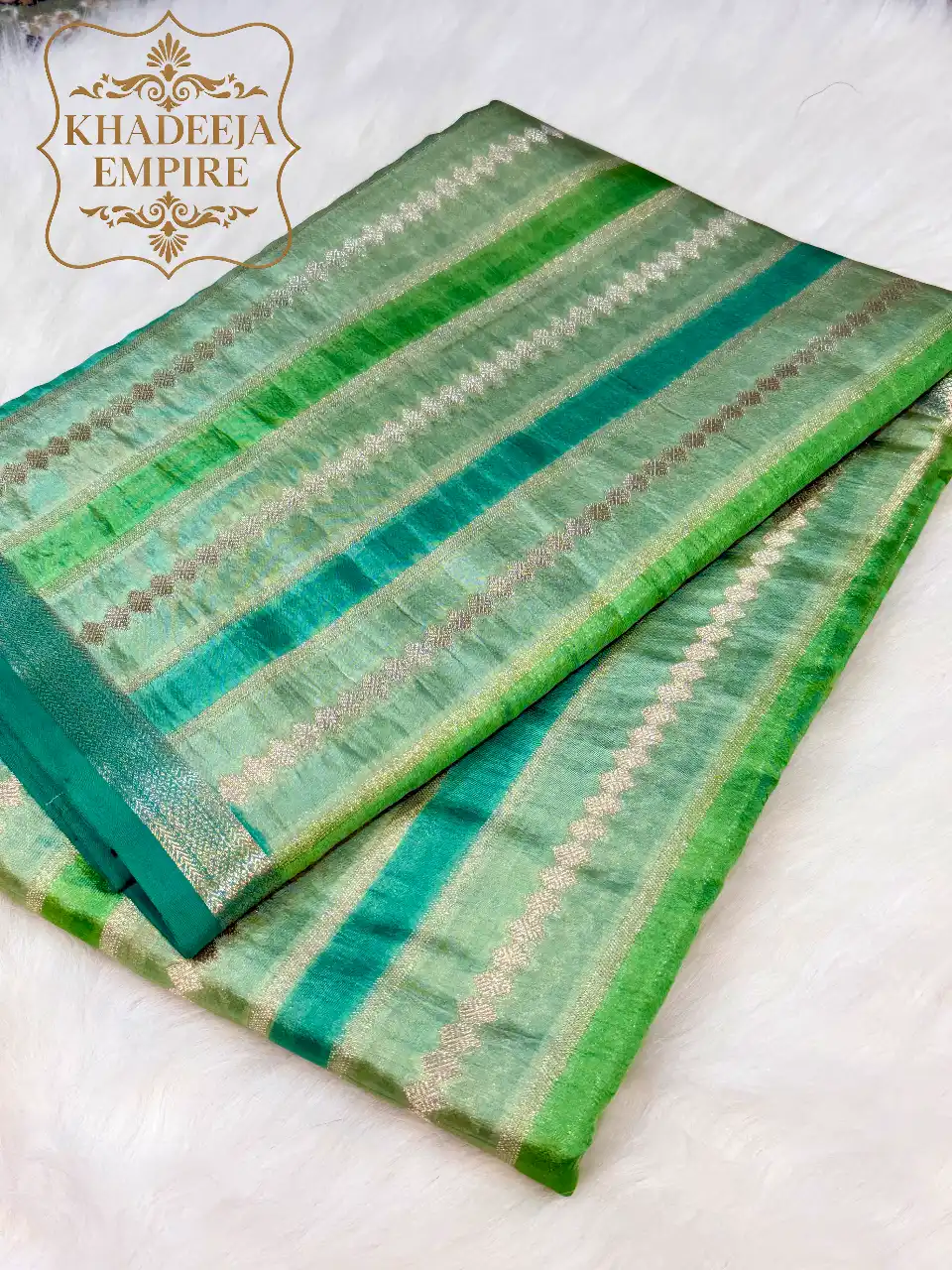 Lime Green Pure Mango Silk Banarasi Saree with Gold Zari Stripes & Traditional Geometric Weave, view 1