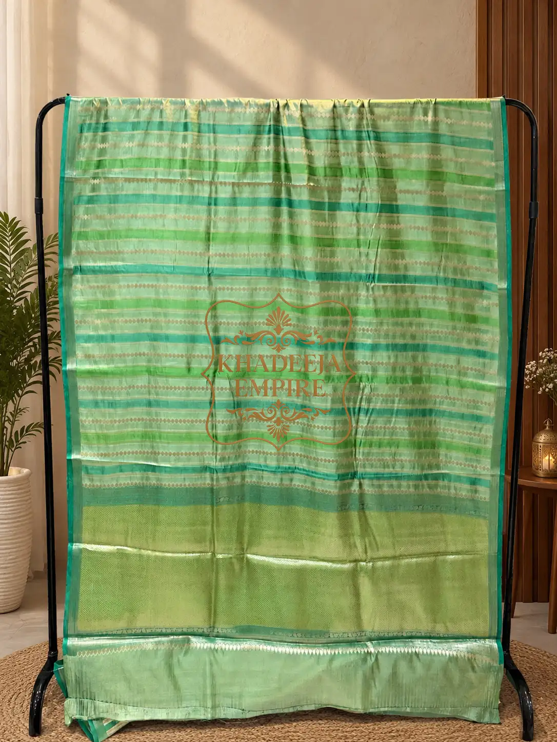 Lime Green Pure Mango Silk Banarasi Saree with Gold Zari Stripes & Traditional Geometric Weave, view 2