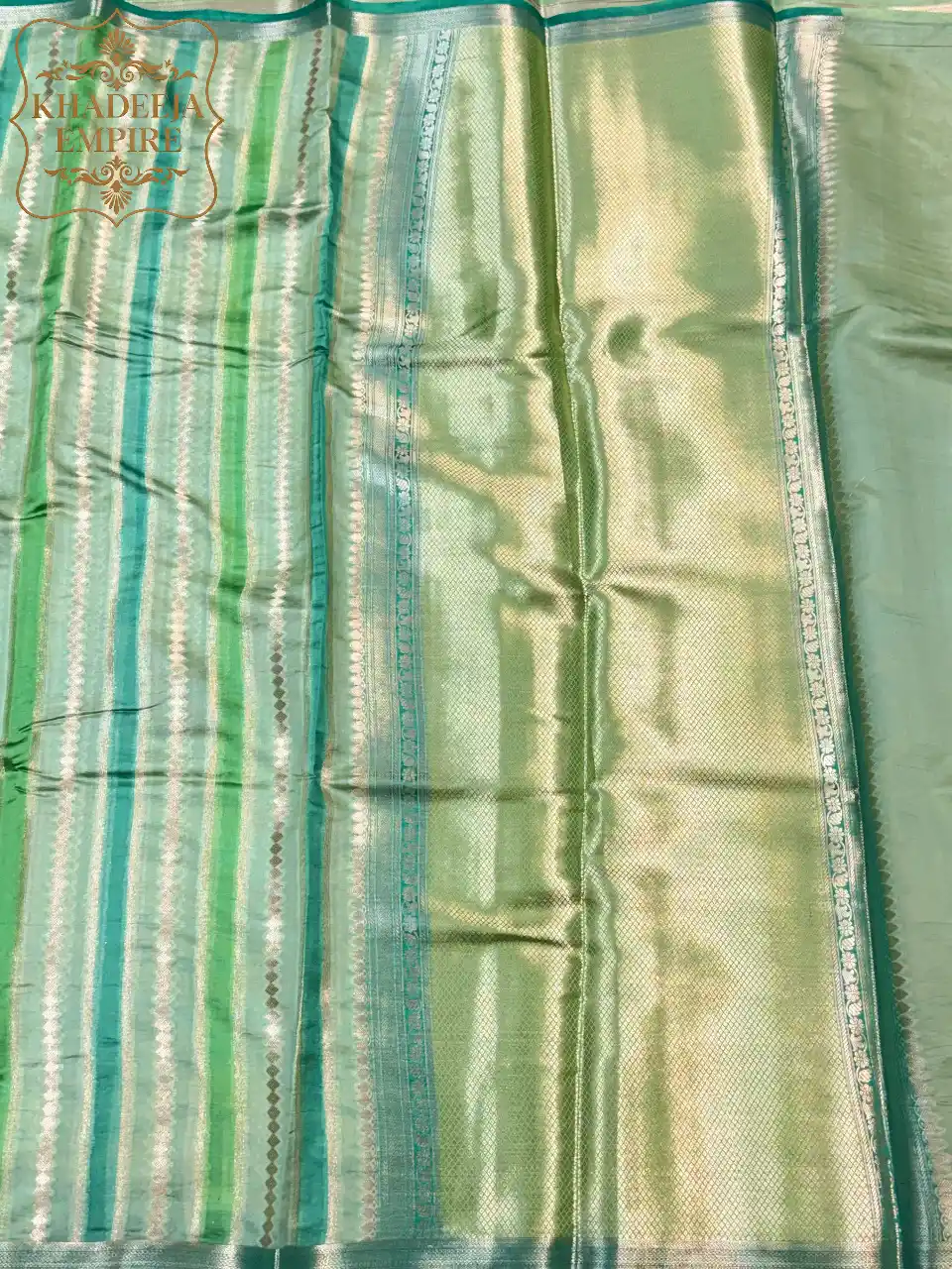 Lime Green Pure Mango Silk Banarasi Saree with Gold Zari Stripes & Traditional Geometric Weave, view 3