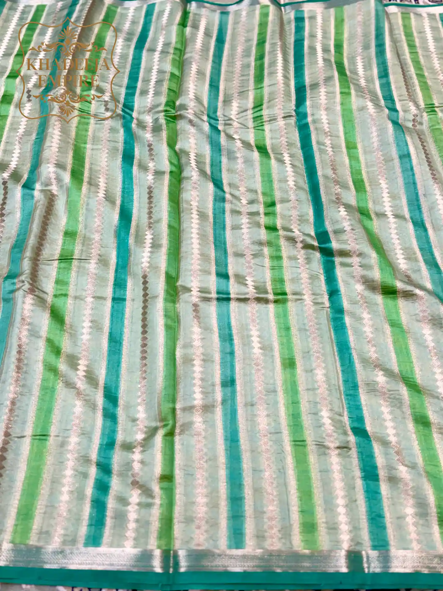 Lime Green Pure Mango Silk Banarasi Saree with Gold Zari Stripes & Traditional Geometric Weave, view 4