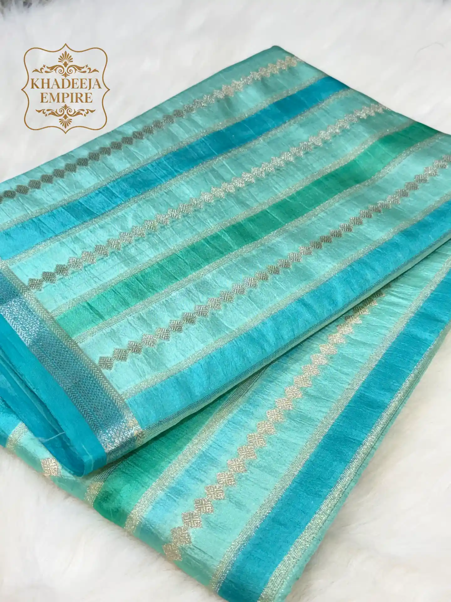 Elegant Aqua Blue & Sea Green Pure Banarasi Silk Saree with Antique Gold Zari Stripes & Intricate Woven Pallu, view 1