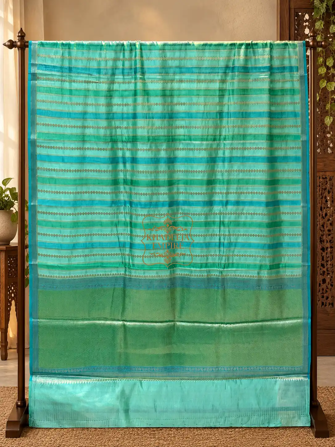 Elegant Aqua Blue & Sea Green Pure Banarasi Silk Saree with Antique Gold Zari Stripes & Intricate Woven Pallu, view 2