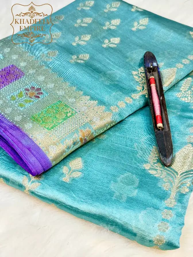 Royal Sky Blue Pure Banarasi Silk Saree with All-Over Multicolour Floral Meenakari Zari Weaving & Rich Traditional Border, view 1