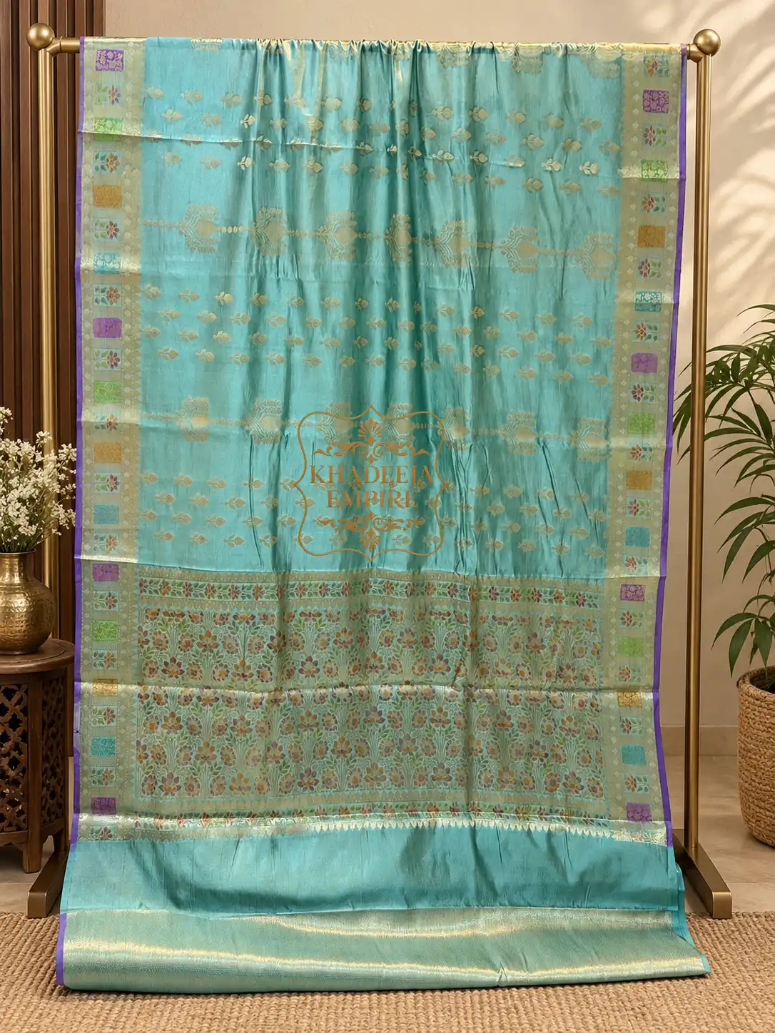 Royal Sky Blue Pure Banarasi Silk Saree with All-Over Multicolour Floral Meenakari Zari Weaving & Rich Traditional Border, view 2