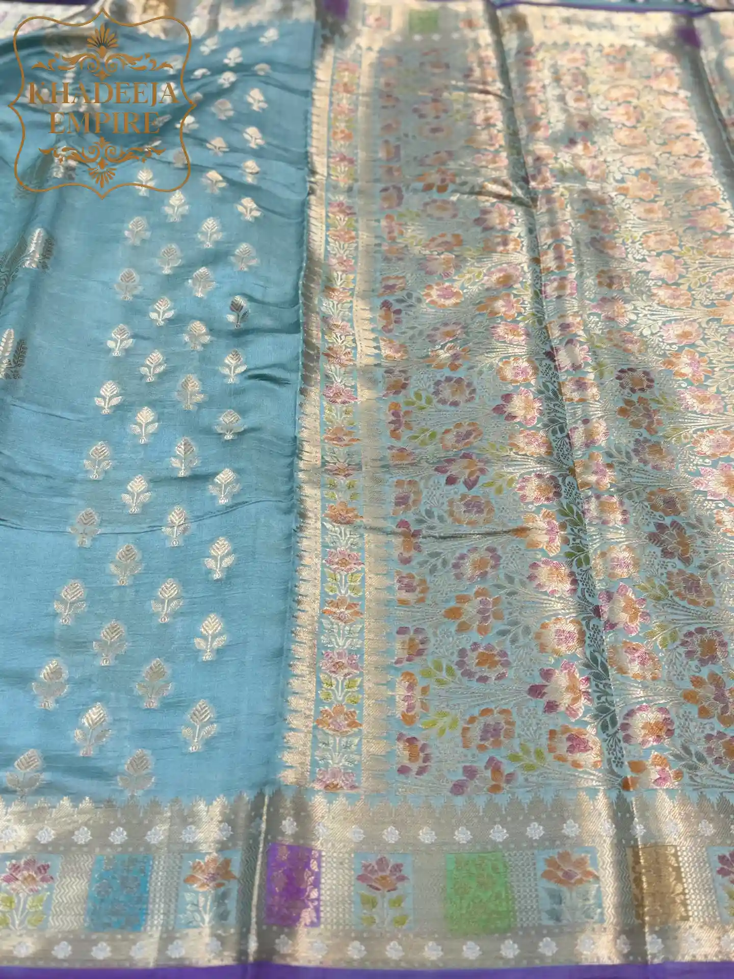 Royal Sky Blue Pure Banarasi Silk Saree with All-Over Multicolour Floral Meenakari Zari Weaving & Rich Traditional Border, view 3